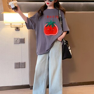 速发女童短袖T恤夏装2023新款大童纯棉宽松圆领上衣夏季薄款儿童