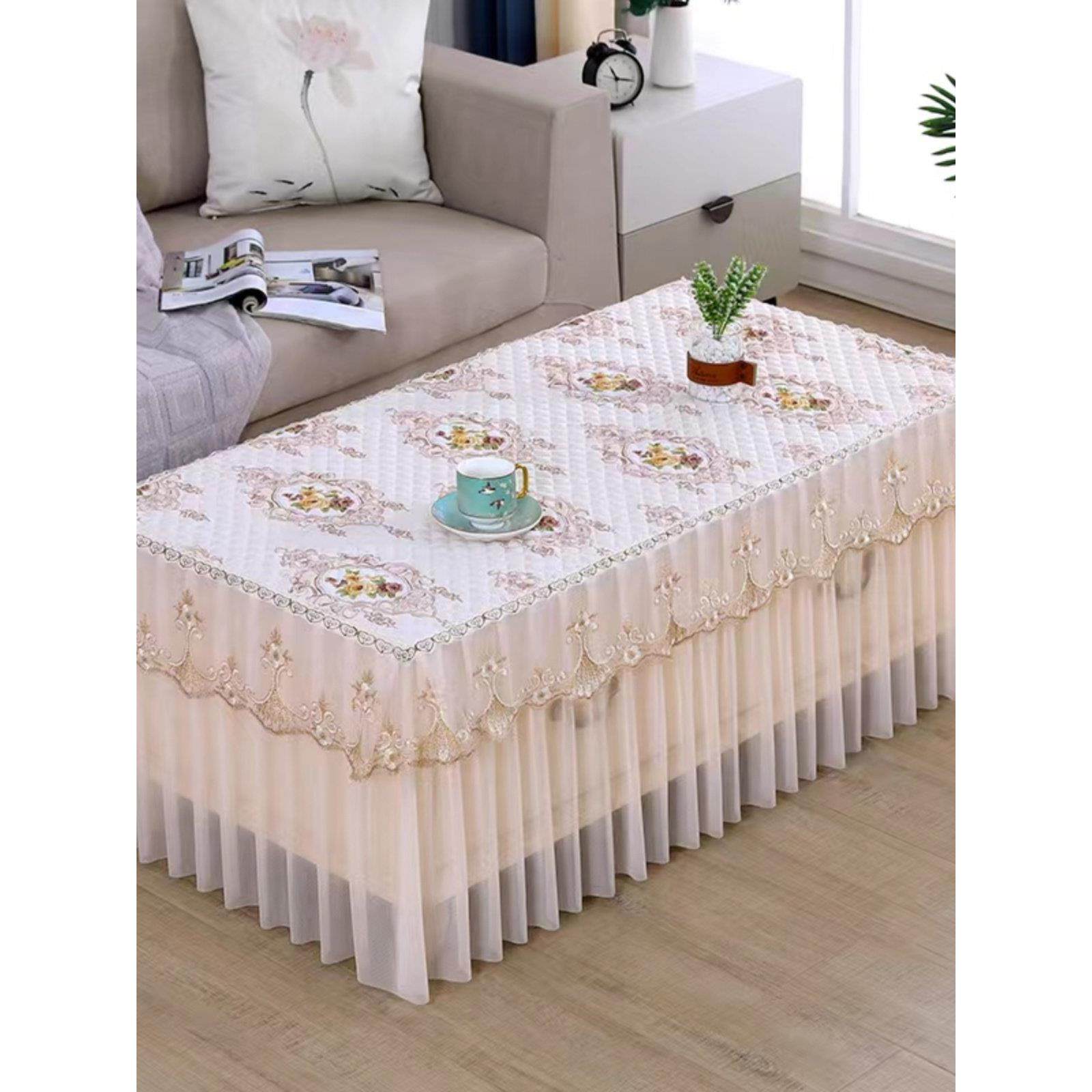 咖啡桌防尘罩织物蕾丝家庭咖啡桌罩台布电视柜长方形餐桌垫台布防