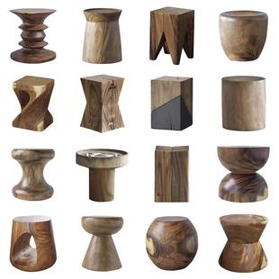 胡桃木木墩边几实木复古坐凳床头角几民宿酒店设计师方形木桩摆件