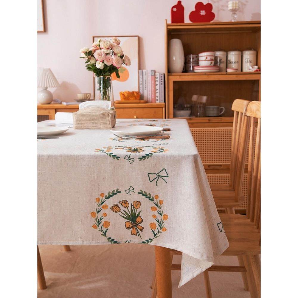 节日装饰聚酯亚麻温柔印花餐桌布郁金香花桌布矩形咖啡桌甜品桌布