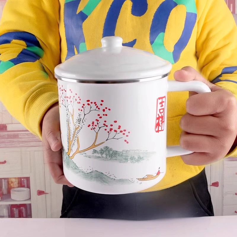 搪瓷杯水杯茶盅8cm带盖大容量