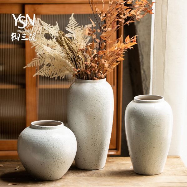 现代简约手工插花鲜花插花新款北欧粗陶客厅装饰摆件罐干花花瓶插