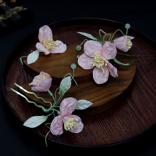 复古旗袍绒布花朵发簪盘发 中式汉服造型头饰布艺u型夹后脑勺发钗