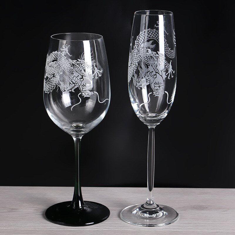 红酒杯烤花LOG磨砂工艺水晶高脚杯香槟杯喷色勃垦地酒杯打砂激光