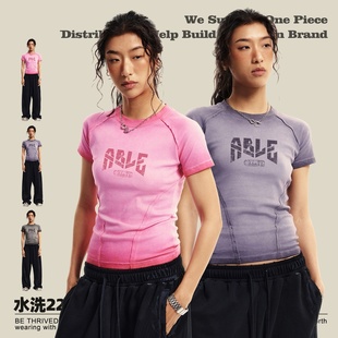 美式 复古辣妹多巴胺修身 t显瘦圆领体恤春夏款 正肩水洗t恤女士短袖