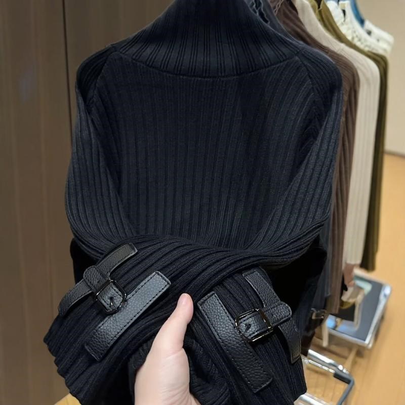 欧货2024秋冬季新款高t领套头上衣宽松皮扣针织衫开叉中长款毛衣