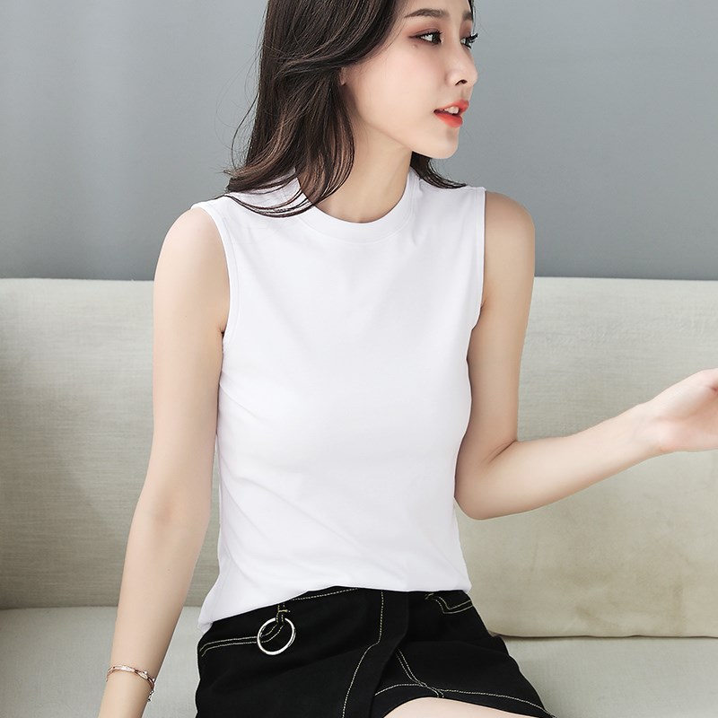 白色无袖上衣女背心夏内搭u吊带外穿小圆领打底衫短款紧身收腰t恤