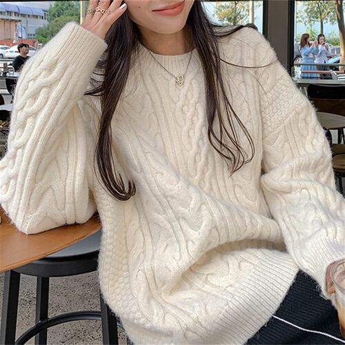 韩系温柔风麻花编织套头毛衣女2023秋冬加厚软糯针织衫女宽松上衣