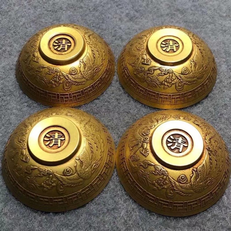 纯铜福禄寿喜供碗龙凤茶盏一套黄铜做旧茶碗古典收藏品工艺品