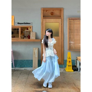 女夏超仙外搭蕾丝荷D叶边小衫 海边度假风套装 吊带连衣裙两件套气