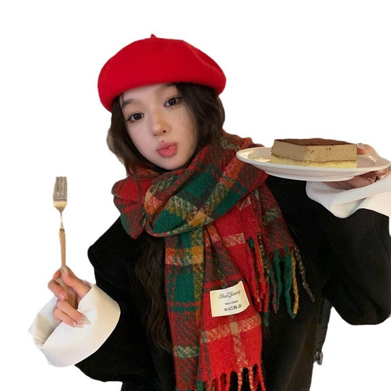 新年圣诞氛围感~红色流苏格子围巾女秋冬季高级感保暖韩版大披肩