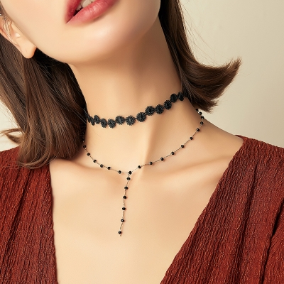 日韩黑色项链女颈带n网红简约气质锁骨链冷淡风高级感蕾丝颈饰颈