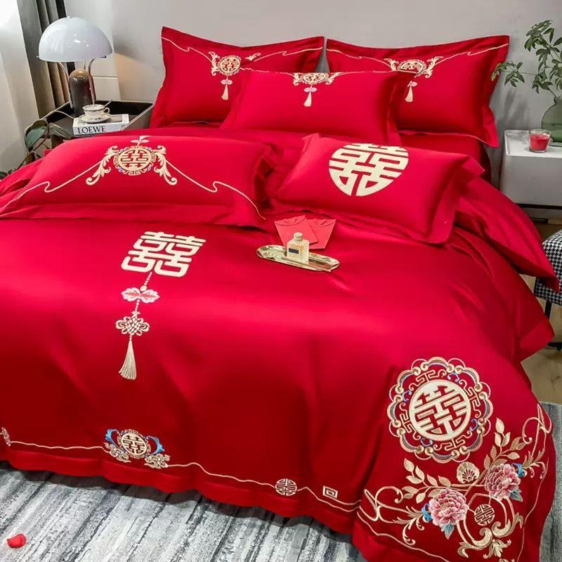 婚庆四件套大红色刺绣被套喜庆床上用品床单床笠套件