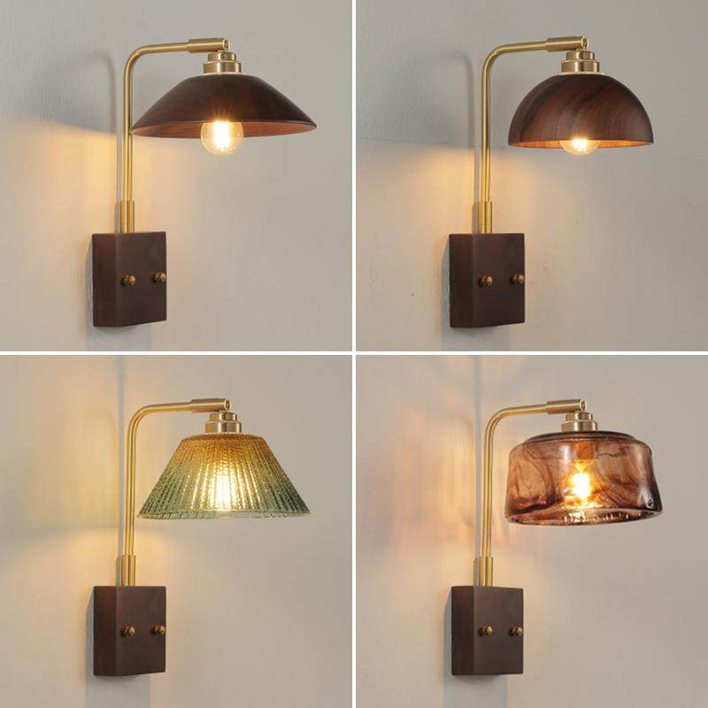 中古风实木床头氛围壁灯新中式复古别墅民宿茶室客厅过道全铜壁灯