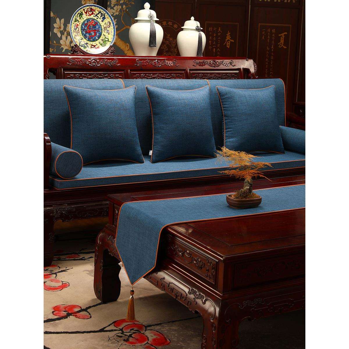 新中式沙发坐垫家具沙发垫布艺实木罗汉床五件套座垫定 制