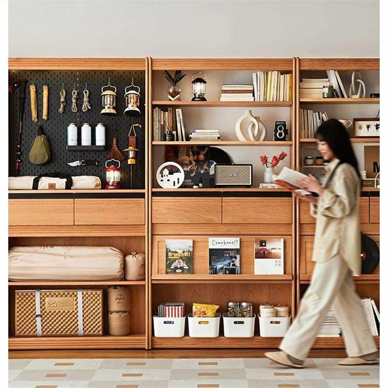 北欧樱桃木实木书柜客厅展示落地书架日式厨房满墙组合储物柜