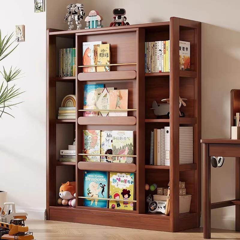 实木书架落地置物架书柜收纳柜一体客厅靠墙儿童多层绘本架推拉门