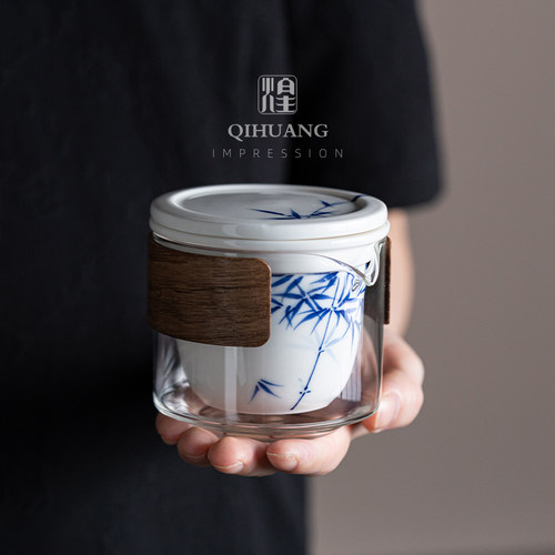 起煌手绘墨竹子青花旅行茶具高白便携一壶两杯公户外露营快客杯