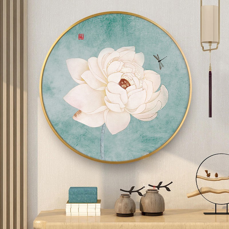 新中式装饰画圆形荷花玄关画入户过道挂画书房茶室样板间墙壁画图片