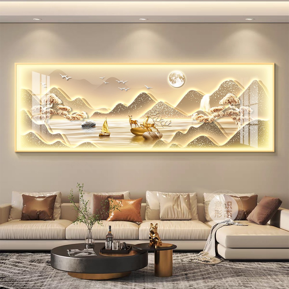 轻奢led带灯客厅装饰画大气横幅沙发背景墙挂画简约现代山水壁画