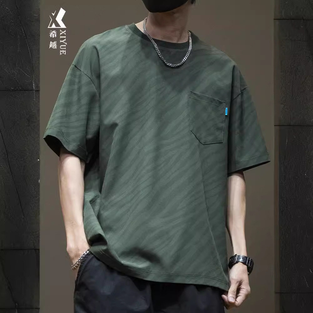 夏季冰丝短袖T恤男薄款速干带口袋上衣男士加肥加大胖子大码半袖