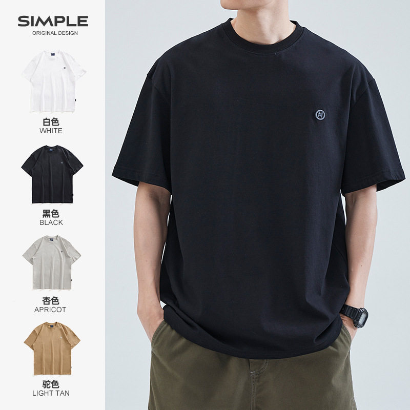 短袖t恤男夏季2026新款黑色圆领宽松休闲棉款刺绣上衣简约风格