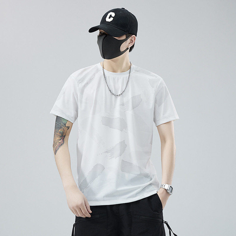 夏季冰丝短袖t恤男宽松半袖潮流薄款冰感透气速干上衣白色蓝色棉