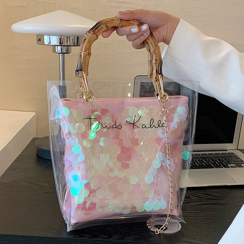 夏天流行时尚透明包女2023新款百搭竹节手拎水桶包韩系草编果冻包