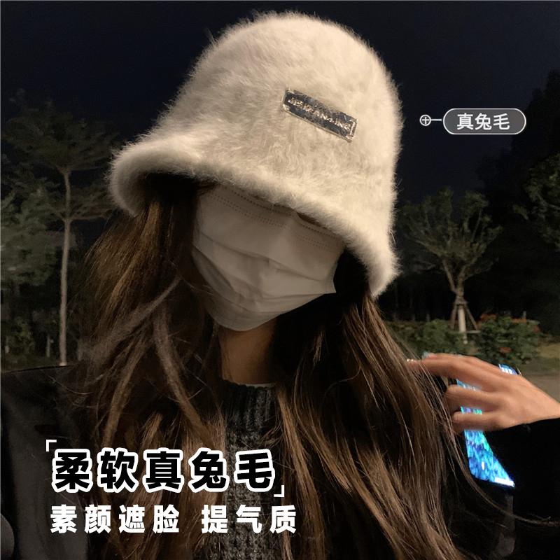 兔毛渔夫帽女秋冬百搭保暖大头围盆帽素颜白色毛绒水桶帽子显脸小