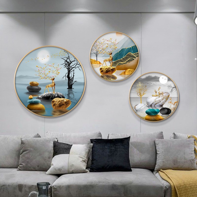 新中式装饰画进门玄关沙发背景墙壁画圆形抽象鹿客厅五福临门挂画