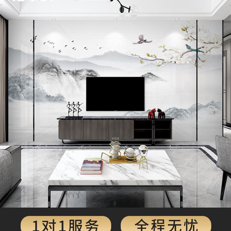新中式电视背景墙新款装饰岩板z客厅轻奢电视机瓷砖石材大理石影