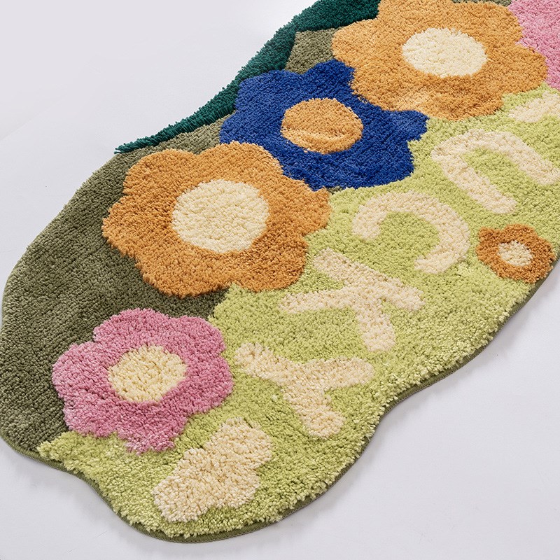 浴室吸水地毯小清新花朵植绒地毯卧室床边毯家用簇绒地垫厂家