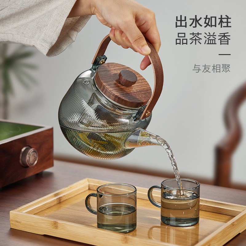 厂家高硼硅玻璃煮茶壶蒸煮两用壶泡花茶壶木盖烧水提梁壶