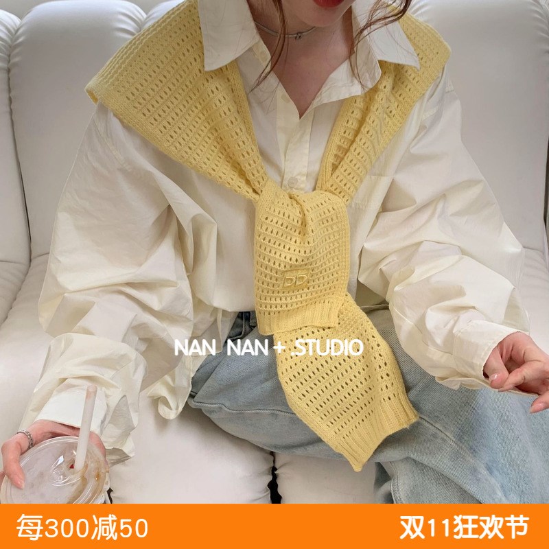 韩版DD刺绣字母镂空针织毛线小披肩女春秋百搭打结坎肩围巾假领