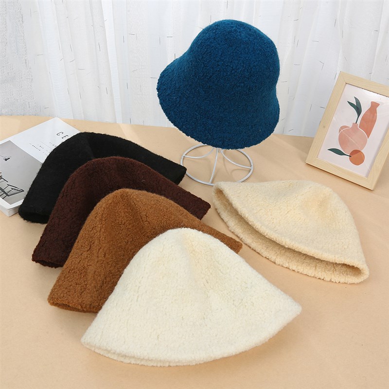 秋冬羊毛混纺水桶帽女款 日系简约纯色显脸小渔夫帽毛绒加厚帽子