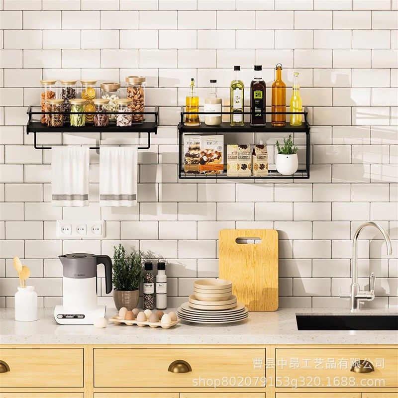 现货浮动搁架壁挂式浴室毛巾架 客厅墙上置物架 铁木结合木质悬挂