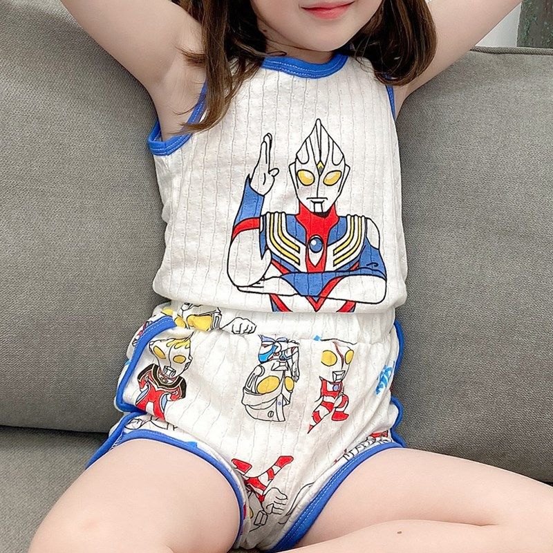 儿童睡衣夏季薄款冰丝纯棉背心短裤套装男女童家居空调服全棉男孩