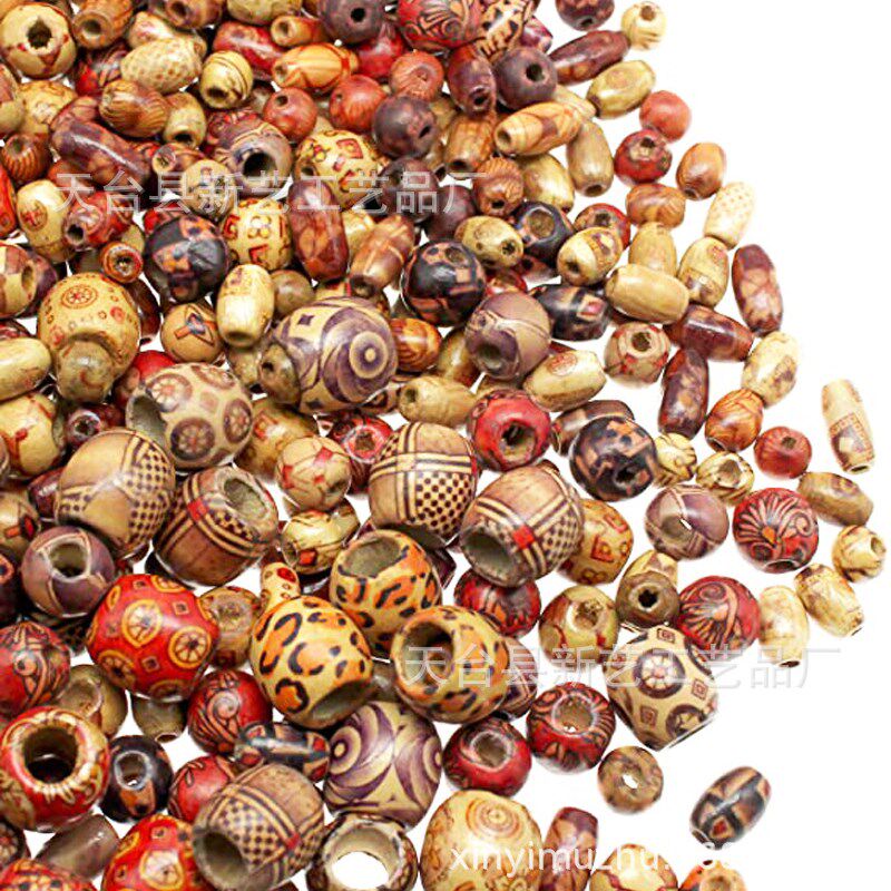 爆款500个/包diy木珠子 散珠印花包花珠多规格混色 饰品脏辫发饰