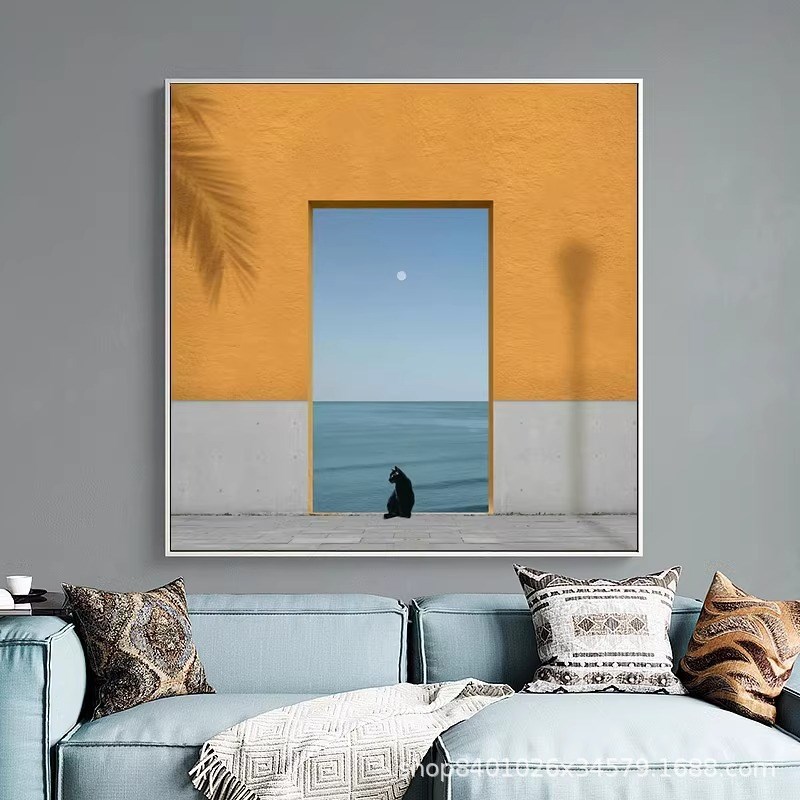 莫兰迪装饰画大海建筑风景画正方形小H众艺术壁画卧室书房橙色挂图片