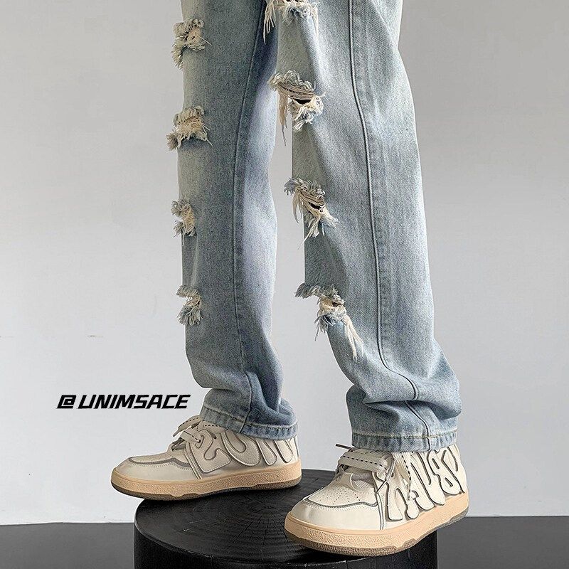 2025时尚港风春装新款港风潮流破洞水洗宽松直筒牛仔裤潮男女款,男装,牛仔裤,淘宝优惠券,粉丝福利购,淘宝优惠卷