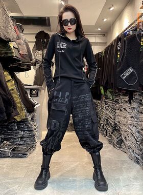 休闲套装女长裤帅气工装裤女裤设计感连帽抽绳打底衫两件套秋款潮