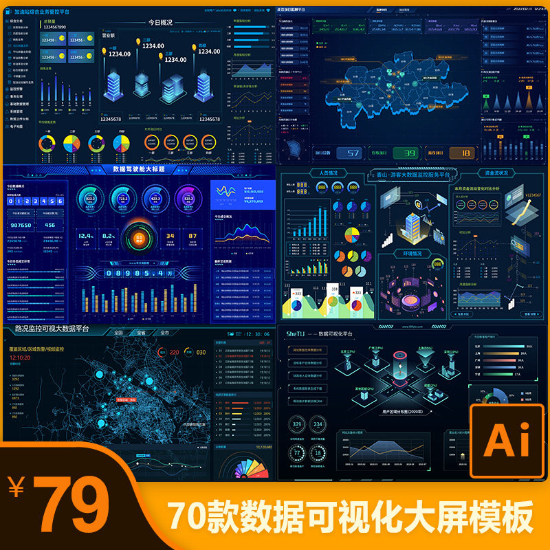 深色酷炫科技智慧能源交通园区大屏数据可视L化展示AI矢量设计模