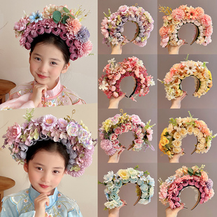 儿童簪花发箍女汉服民族风发饰头箍女孩新款花朵花环头饰拍照道具