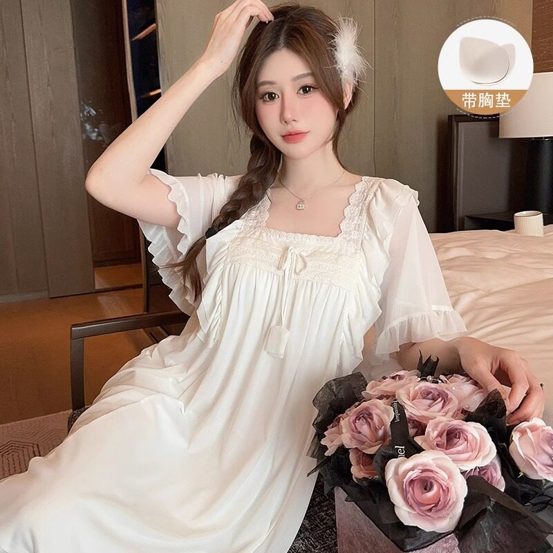 法式宫廷风睡裙女款夏季短袖网纱B高级感家居服带胸垫仙女连衣裙