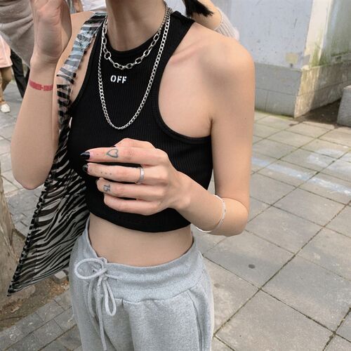 off字母无袖挖背修身短款泫雅露脐港味工字打底背心上衣女潮时尚
