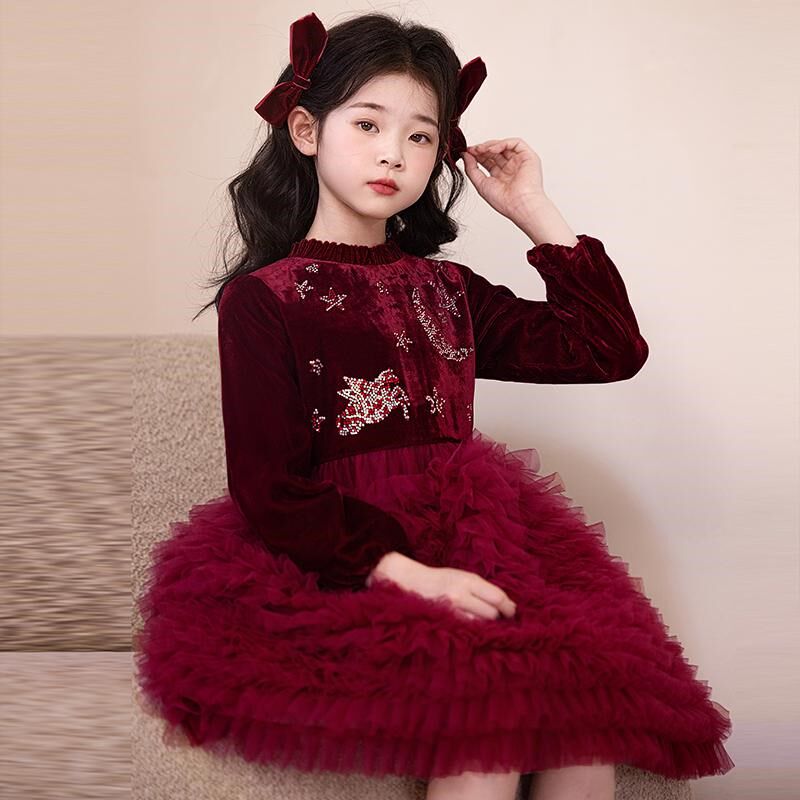 女童礼服裙秋冬高端红色拜年服女宝冬装钢琴主持人蓬蓬女孩连衣裙
