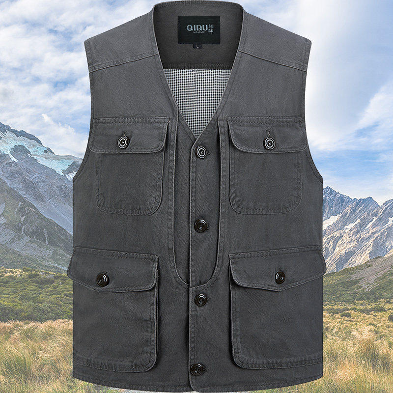 纽扣款纯棉多口袋爸爸马甲中老年人上衣男士宽松大码钓鱼坎肩马夹,男装,常规马甲,淘宝优惠券,粉丝福利购,淘宝优惠卷