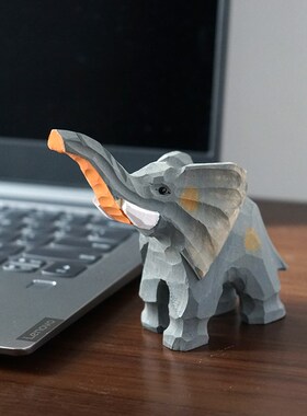 吉祥大象手工f木雕小摆件可爱卡通手工雕刻公仔桌面装饰摆放小礼