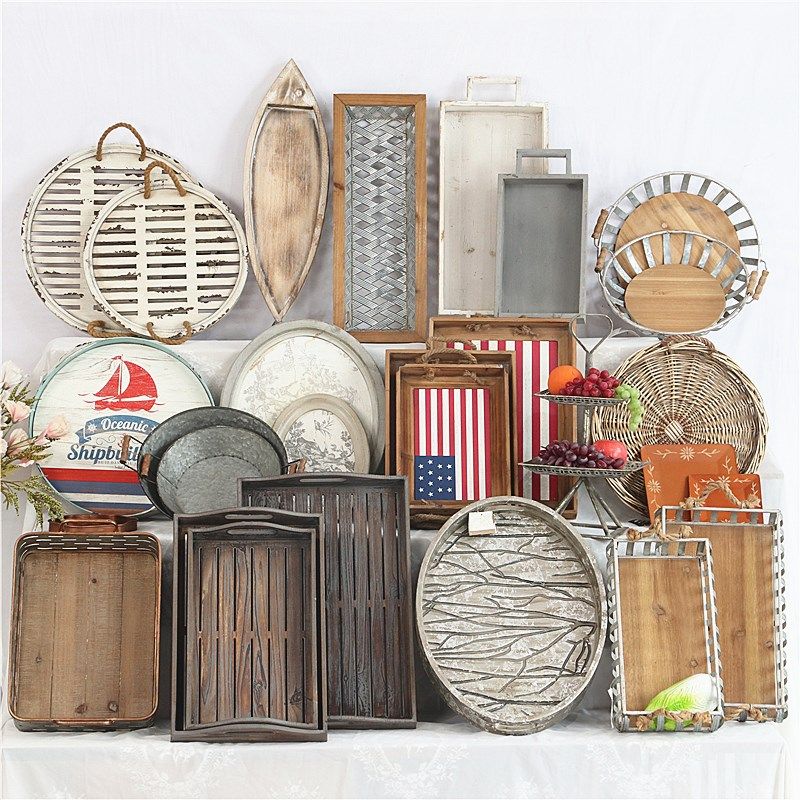 孤品-美式乡村复古铁艺实木零食干果盘家居民宿餐U厅茶几装饰托盘