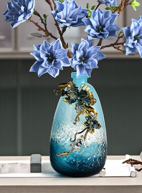珐琅彩琉璃蓝色花瓶艺术摆件创意高级客厅插兰花小口X径玄关装饰